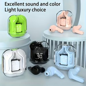 Transparent Wireless Earbuds with LED Display, Portable Semi-Open-Back Sports Headphones, USB Charging, Type-C, Condenser Mic, Rechargeable Lithium Polymer Battery, Media Control, for Adults - No Charger Included