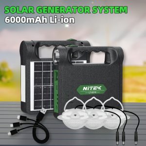NITEK Portable Solar Generator System Kit with LED Lights, 6000mAh Lithium Battery, USB Charger, Solar Charging Panel, Emergency Power Supply for Outdoor Camping & Home Use