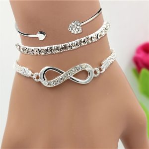 3pcs Vintage Elegant Jewelry Set, Infinity & Heart Open Cuff Bracelets with Rhinestone Accents, Alloy, Perfect for Daily Wear & Parties, Anniversary & Birthday Gift for Women