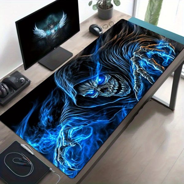 Grim Reaper Skull Gaming Mouse Pad - Large Fantasy-Themed Desk Mat with Blue Flames & Dark Hooded Figure, Perfect for Office, Laptop, or Gaming Setup, Large Mouse Pads for Desk