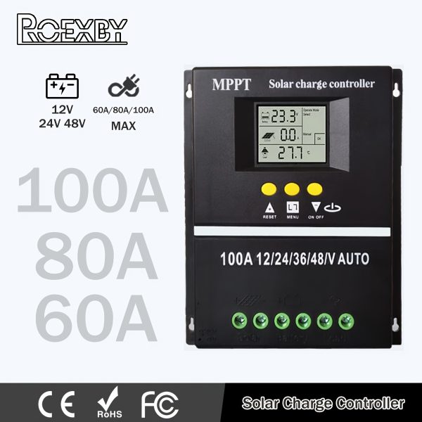 ROEXBY 100A Solar Charge Controller - MPPT & PWM Compatible, 12V/24V/36V/48V Auto, with LCD Display & Dual USB Ports - Advanced Power Tracking for Efficient Solar Energy Use in Home Systems & More
